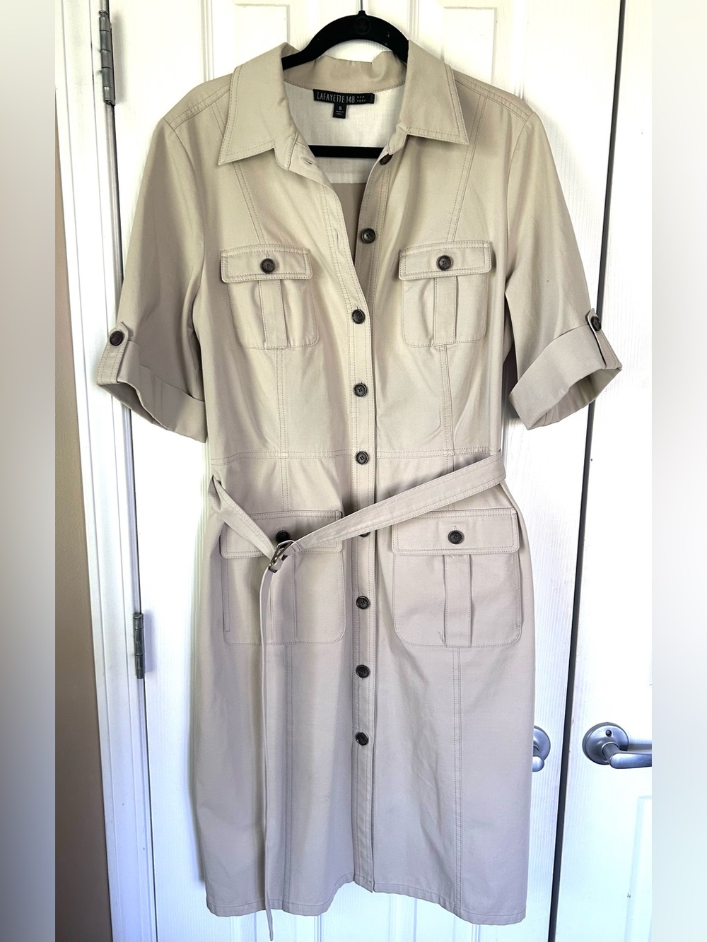 Lafayette 148 New York Beige Safari Utility Shirt Dress Size 16